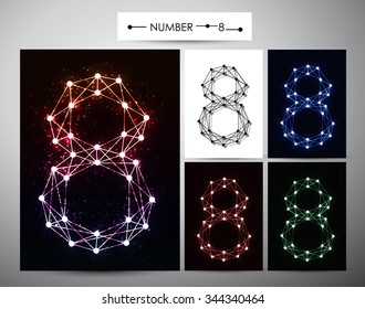 Molecule Number  "8" Trendy alphabet fonts of sparkling brilliants, vector illustration.