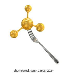 Molecule on a fork. Molecular cuisine. Molecular gastronomy. Nano technology in cooking. Сulinary physics. Vector 3d realistic isolated on white background.