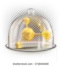 Molécula sobre un plato de cristal debajo de la tapa. El concepto de gastronomía molecular, productos nocivos con OMG. Ilustración vectorial 3d aislada en fondo transparente blanco.