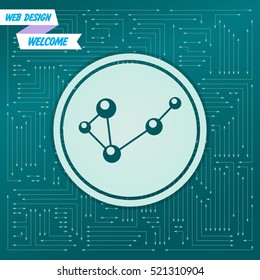 Molecule on a green background, with arrows in different directions. It appears on the electronic board. Vector illustration