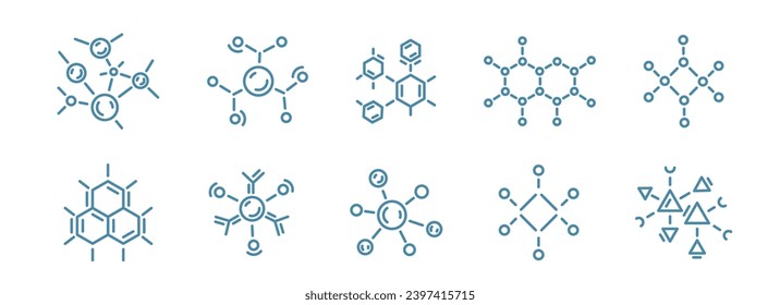 Molecule science icon set. The chemical biotechnology structure. Editable outline stroke. Vector line open paths illustration.