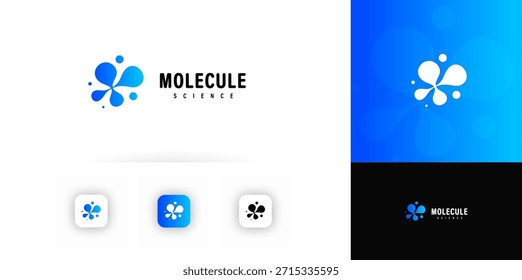 Logotipo de la ciencia de la molécula con el icono molecular azul abstracto. Biotech, laboratorio de química de marca para el ícono del App, inicio, encabezado del Sitio web. Logotipos de moléculas, marca científica. Ilustración vectorial