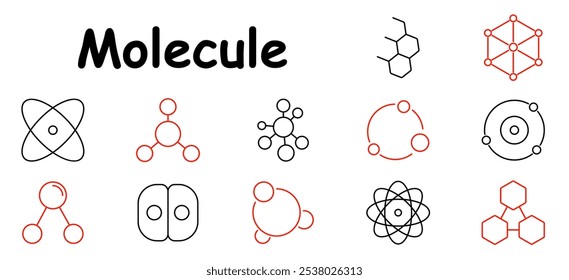 Ícone do conjunto de moléculas. Átomo, ligação química, estrutura molecular, núcleo, partículas, rede, órbita, composto, conexão, biologia, ciência