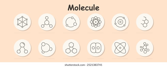 Ícone do conjunto de moléculas. Estrutura molecular, átomo, ligação química, anel molecular, composto, cadeia molecular, órbita atômica, partícula, núcleo, fórmula química, modelo molecular, química