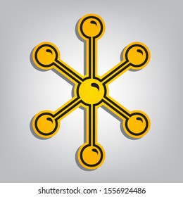 Molecule sign illustration. Flat orange icon with overlapping linear black icon with gray shadow at whitish background. Illustration.