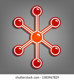 Molecule sign illustration. Flat red icon with linear white icon with gray shadow at grayish background. Illustration.