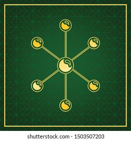 Molecule sign illustration. Golden icon with gold contour at dark green gridded white background. Illustration.