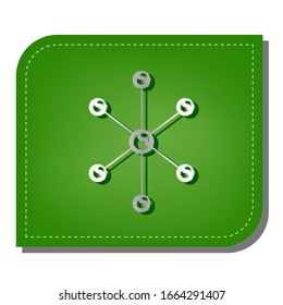 Molecule sign illustration. Silver gradient line icon with dark green shadow at ecological patched green leaf. Illustration.