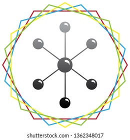 Molecule sign illustration. Vector. Black icon with patch of light inside colorful hexagonal frames at white background.