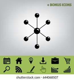 Molecule sign illustration. Vector. Black icon at gray background with bonus icons at celery ones