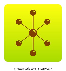 Molecule sign illustration. Vector. Brown icon at green-yellow gradient square with rounded corners on white background. Isolated.