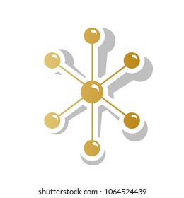 Molecule sign illustration. Vector. Golden gradient icon with white contour and rotated gray shadow at white background.