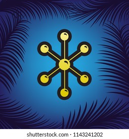 Molecule sign illustration. Vector. Golden icon with black contour at blue background with branches of palm trees.