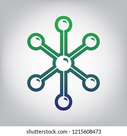 Molecule sign illustration. Vector. Green to blue gradient contour icon at grayish background with light in center.