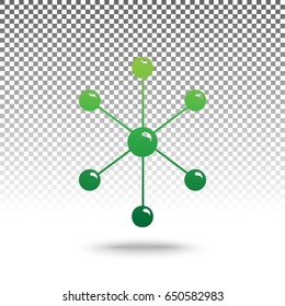 Molecule sign illustration. Vector. Green gradient icon with shadow at bottom on transparent and white background.