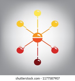Molecule sign illustration. Vector. Horizontally sliced icon with colors from sunny gradient in gray background.