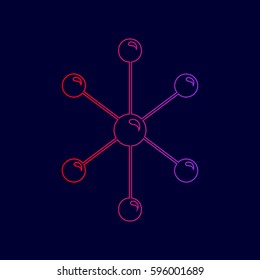 Molecule sign illustration. Vector. Line icon with gradient from red to violet colors on dark blue background.