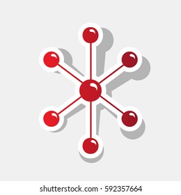 Molecule sign illustration. Vector. New year reddish icon with outside stroke and gray shadow on light gray background.