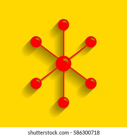 Molecule sign illustration. Vector. Red icon with soft shadow on golden background.