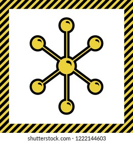Molecule sign illustration. Vector. Warm yellow icon with black contour in frame named as under construction at white background. Isolated.