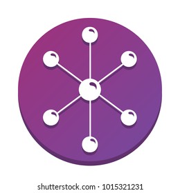 Molecule sign illustration. Vector. White icon with flat shadow on purpureus circle at white background. Isolated.