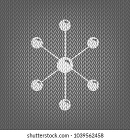 Molecule sign illustration. Vector. White knitted icon on gray knitted background. Isolated.