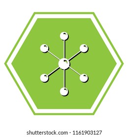 Molecule sign illustration. Vector. White icon with black shadow at yellow green honeycomb on white background.