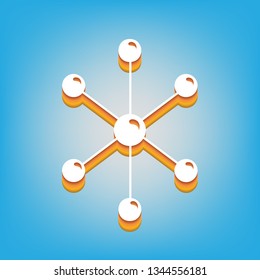 Molecule sign illustration. Vector. White icon with 3d warm-colored gradient body at sky blue background.