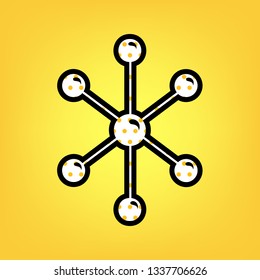 Molecule sign illustration. Vector. Yellow polka dot white icon with black contour at warm yellow background.