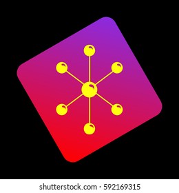 Molecule sign illustration. Vector. Yellow icon at violet-red gradient square with rounded corners rotated for dynamics on black background.
