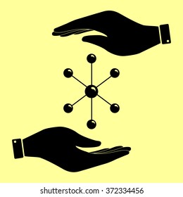 Molecule sign. Save or protect symbol by hands.