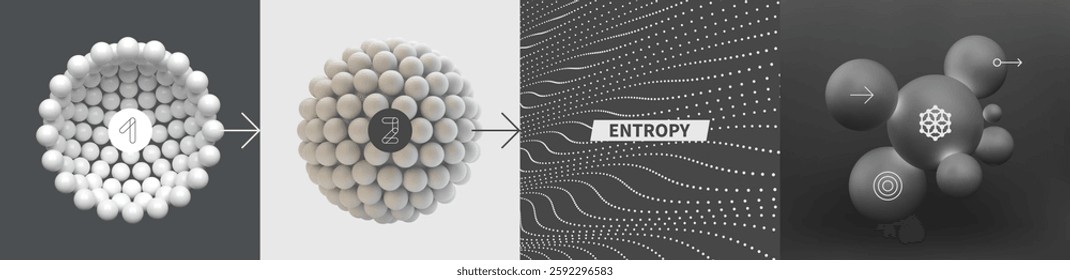 Molecule. A sphere of small balls. Concepts of chemical investigation, diagram of structure of molecule. A group of atoms. Abstract technological background. 3d vector for science, education, medicine