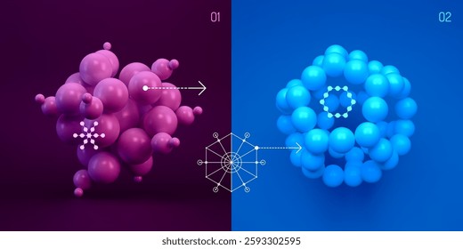 Molecule. A sphere of small balls. Concepts of chemical investigation, graph of structure of molecule. A group of atoms. 3d vector illustration for science, education or medicine.