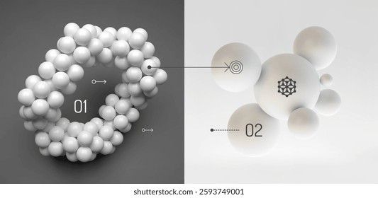 Molecule. A sphere of small balls. Concepts of chemical investigation, graph of structure of molecule. A group of atoms. 3d vector illustration for science, education or medicine.