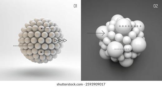 Molecule. A sphere of small balls. Concepts of chemical investigation, graph of structure of molecule. A group of atoms. 3d vector illustration for science, education or medicine.