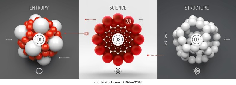 Molecule. A sphere of small balls. Concepts of chemical investigation, graph of structure of molecule. A group of atoms. 3d vector illustration for science, education or medicine.