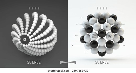 Molecule. A sphere of small balls. Concepts of chemical investigation, graph of structure of molecule. A group of atoms. 3d vector illustration for science, education or medicine.
