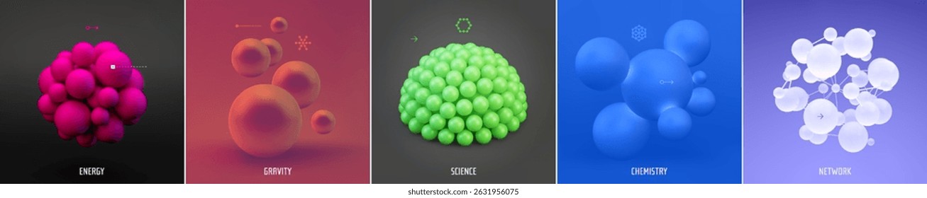 Molécula. Uma esfera de pequenas bolas. Conceitos de investigação química, diagrama da estrutura da molécula. Um grupo de átomos. Ilustração científica. Vetor 3D para brochura, cartaz, apresentação, folheto.