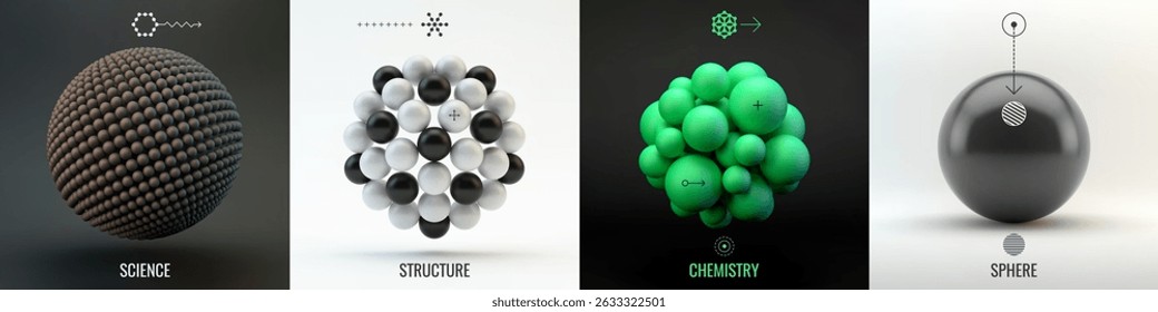 Molecule. A sphere of small balls. Concepts of chemical investigation, diagram of structure of molecule. A group of atoms. Scientific illustration. 3D vector for brochure, poster, presentation, flyer.