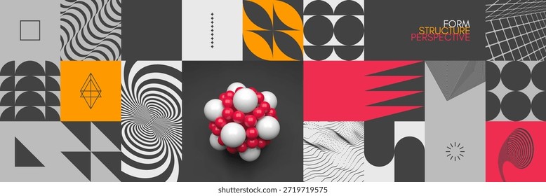 Molekül. Eine Kugel kleiner Bälle. Geometrisches Muster. Mosaik. Cover-Entwurfsvorlage. Illustration für Broschüre, Poster, Flyer und Banner.