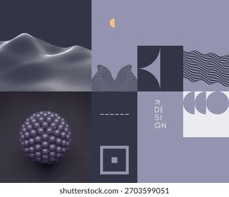 Molécula. Una esfera de bolas Pequeñas. Cuadrícula. Fondo del paisaje. Patrón geométrico. Diseño de mosaico. Composición artística. Vector para folleto, póster, portada, presentación, volante o Anuncio.