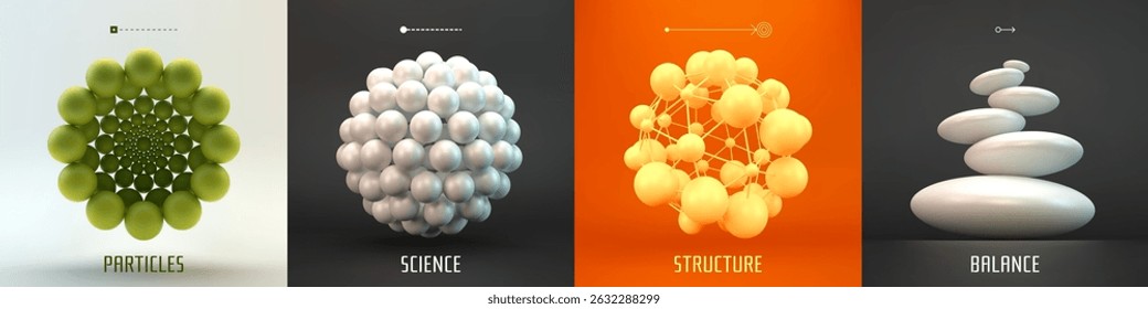 Molecule. A sphere of small balls. Spa stones standing in a stack. Concepts of chemical investigation. A group of atoms. Scientific illustration. 3D vector for brochure, poster, presentation, flyer.