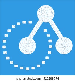 Molecule Structure Analysis grainy textured icon for overlay watermark stamps. Flat symbol with dust texture. Dotted vector white ink rubber seal stamp with grunge design on a blue background.