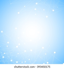 Molecule structure and communication on the blue background. Connected lines with dots. Vector illustration.