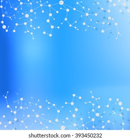 Molecule structure and communication on the blue background. Connected lines with dots. Vector illustration.