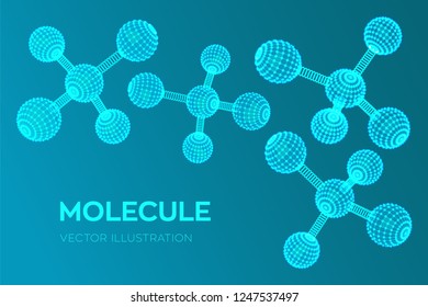 Molecule Structure. Dna, atom, neurons. Molecules and chemical formulas. 3D Scientific molecule background for medicine, science, technology, chemistry, biology. Vector illustration.