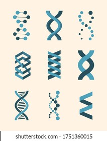Molecule structure, dna helix set. Genetic code humans animals is molecular spiral biochemical genome dna chains rna modern technology genetic research. Graphic vector clipart.