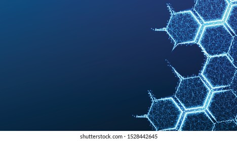 Molecule structure form lines and triangles, hexagon point connecting network on blue background. Abstract low poly, Triangle, dot, line, polygon. Shine blue background, Vector illustration
