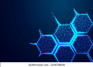 Molecule structure icon form lines and triangles, point connecting network on blue background. Abstract low poly, Triangle, dot, line, polygon. Shine blue background, Vector illustration