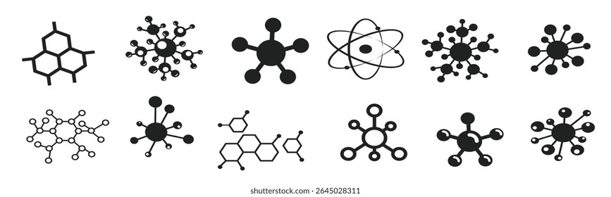 Conjunto de ícones de molécula ou estrutura. Ciência da química.  Coleção de símbolos de átomo e molécula. vetor